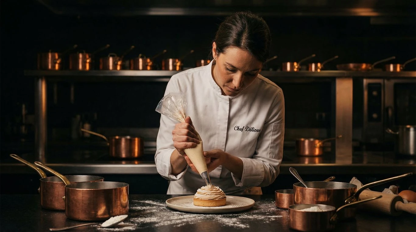 Claire Dubois, sous-cheffe souriante en cuisine
