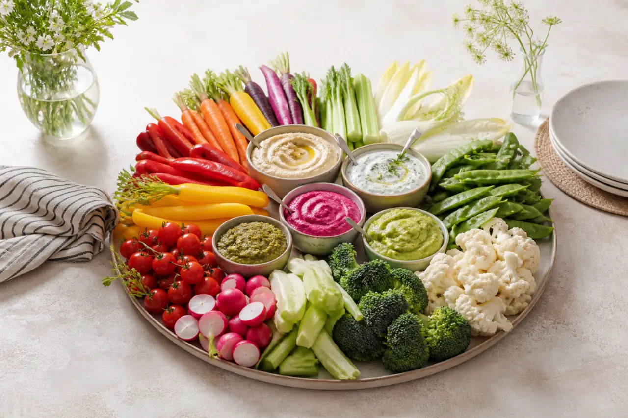 Plateau de crudités original : légumes, sauces maison et quantités pour un apéro sans cuisson