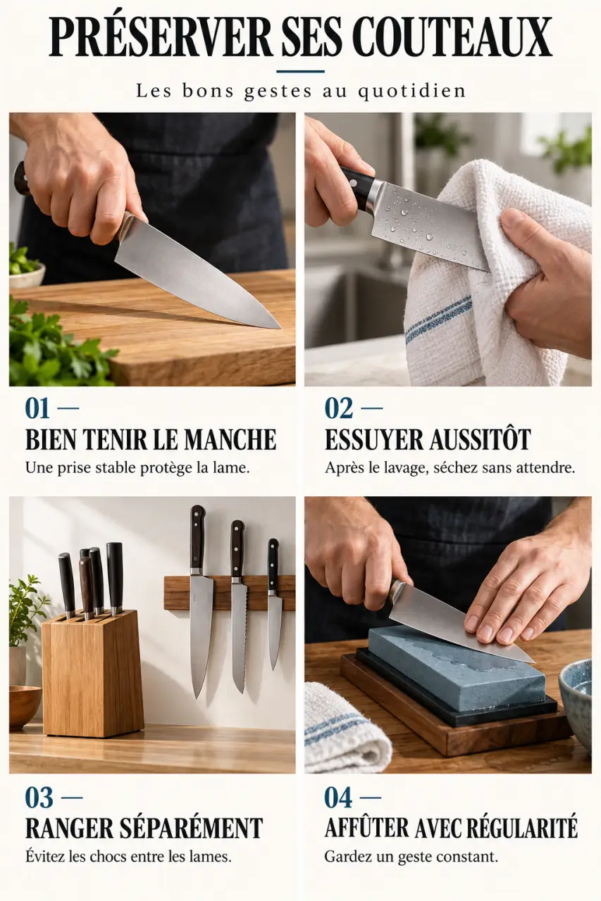 Bon entretien des meilleurs couteaux de cuisine avec lavage, séchage, rangement et affûtage