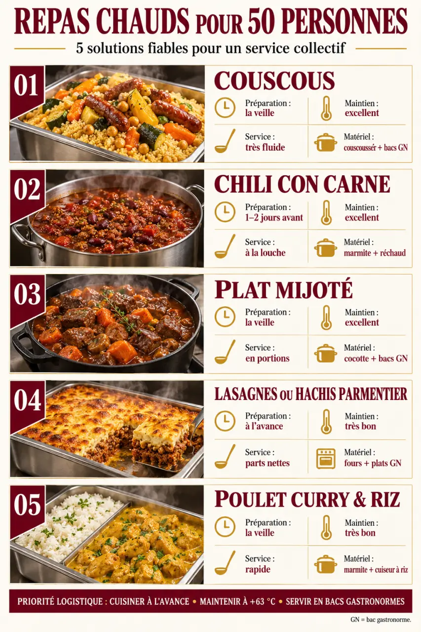 Repas chaud pour 50 personnes : infographie des plats adaptés aux grandes tablées