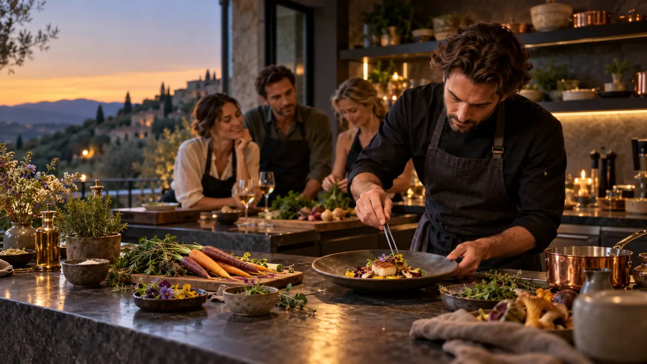 Assiette gastronomique dressée dans une ambiance chaleureuse et raffinée