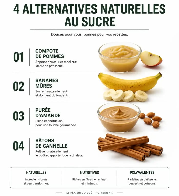 Ingrédients naturels pour remplacer le sucre dans les desserts sans sucre ajouté.