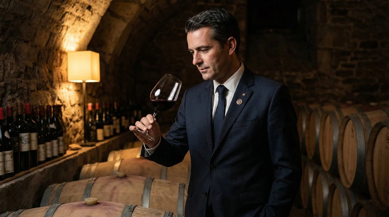 Julien Moreau, sommelier dégustant un vin