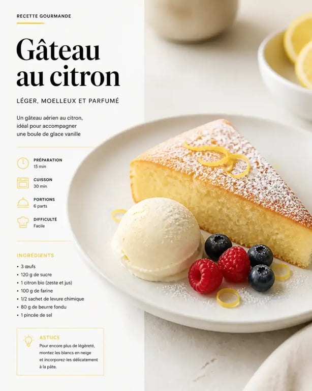 Gâteau léger pour accompagner glace avec boule de glace vanille et fruits rouges
