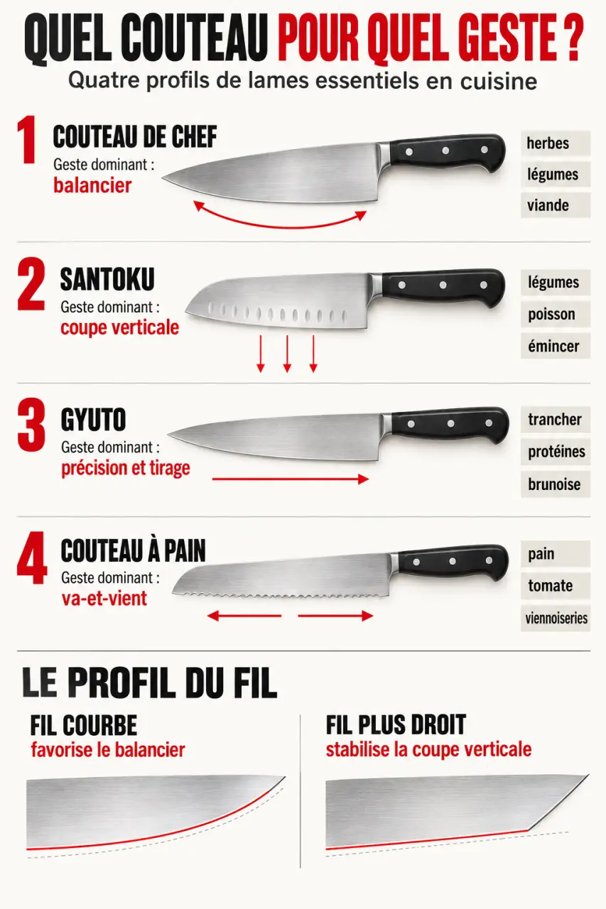 Infographie des meilleurs couteaux de cuisine selon le type de lame et l'usage
