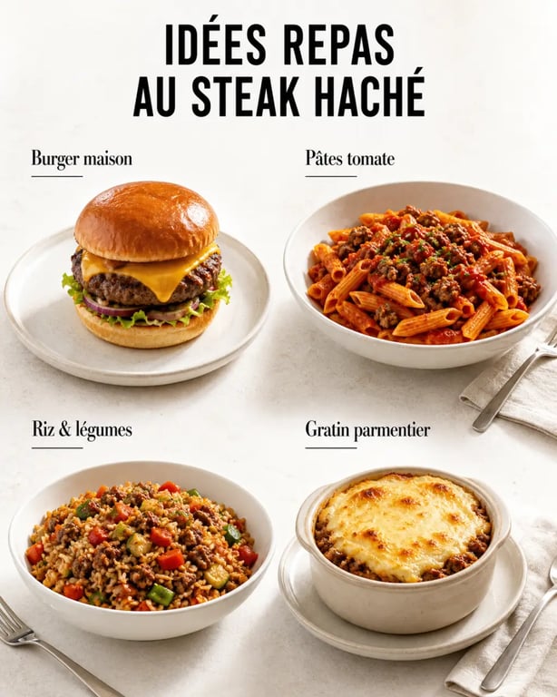 Idées repas avec steak haché présentées sur une table avec burger, pâtes, poêlée et gratin