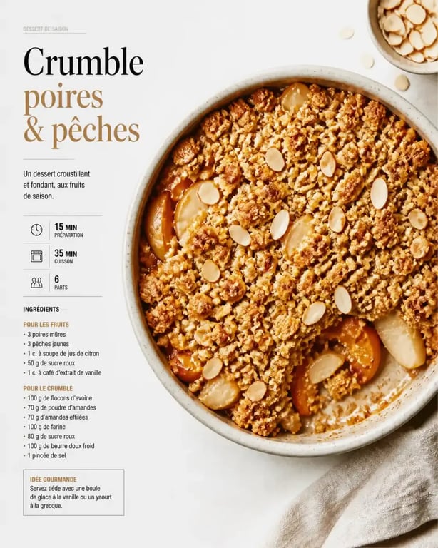 Crumble aux fruits de saison sans sucre ajouté, dessert sain et croustillant.