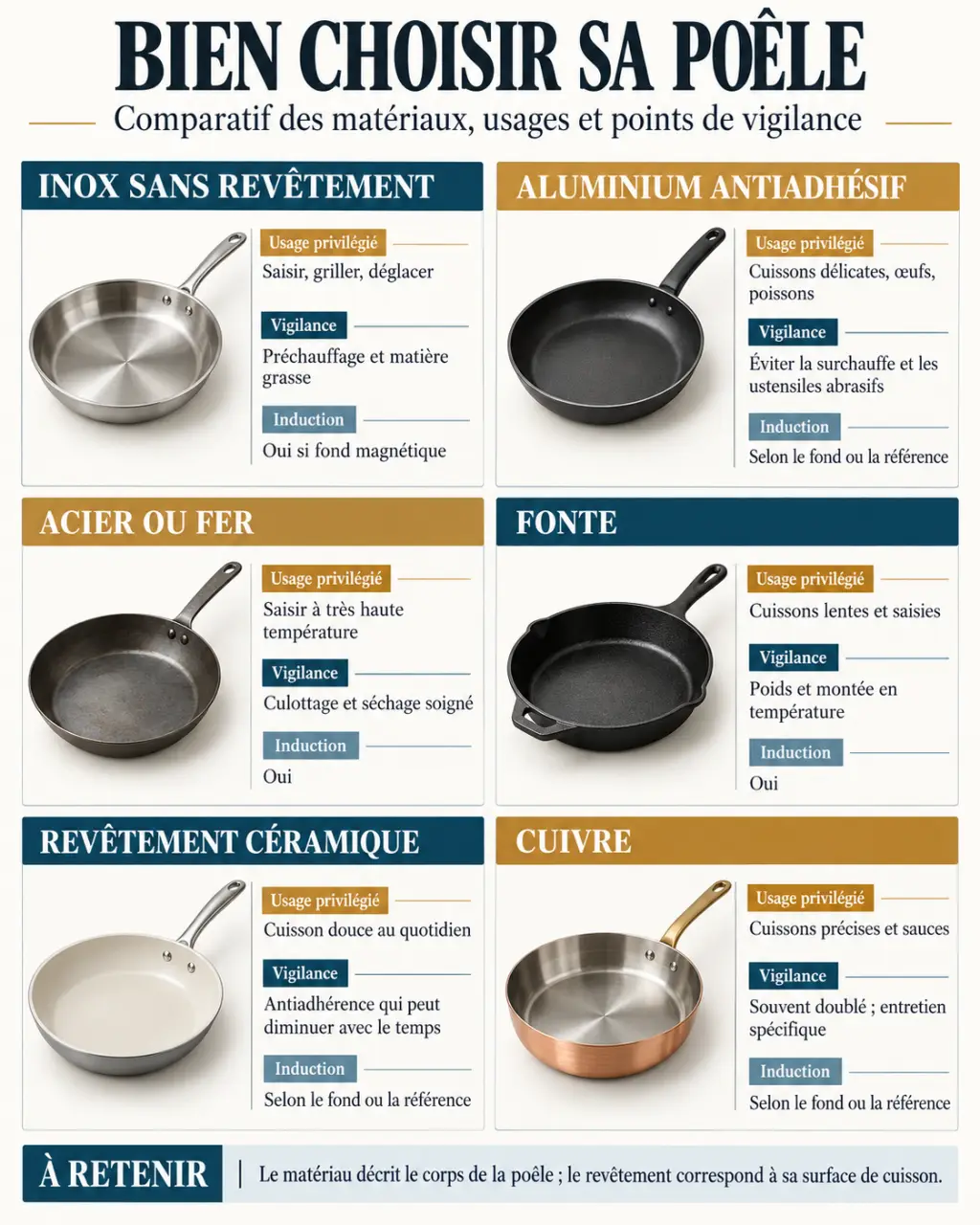 Infographie comparative pour choisir le meilleur poeles selon la matière, l’usage, l’entretien et l’induction