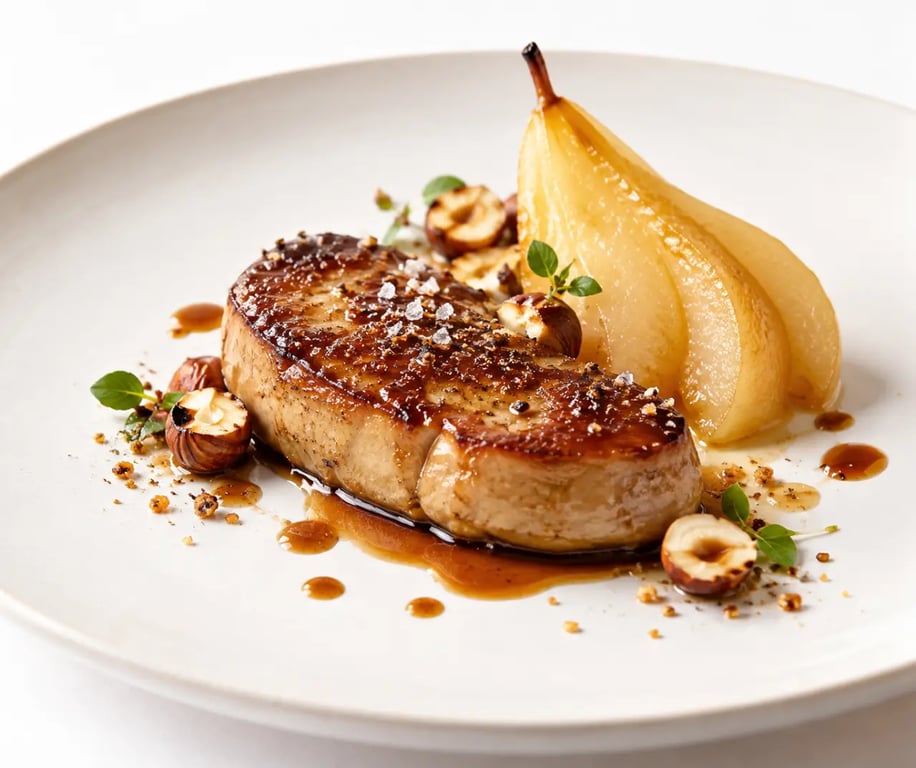 Recette avec foie gras en entrée, foie gras poêlé à la poire et aux noisettes