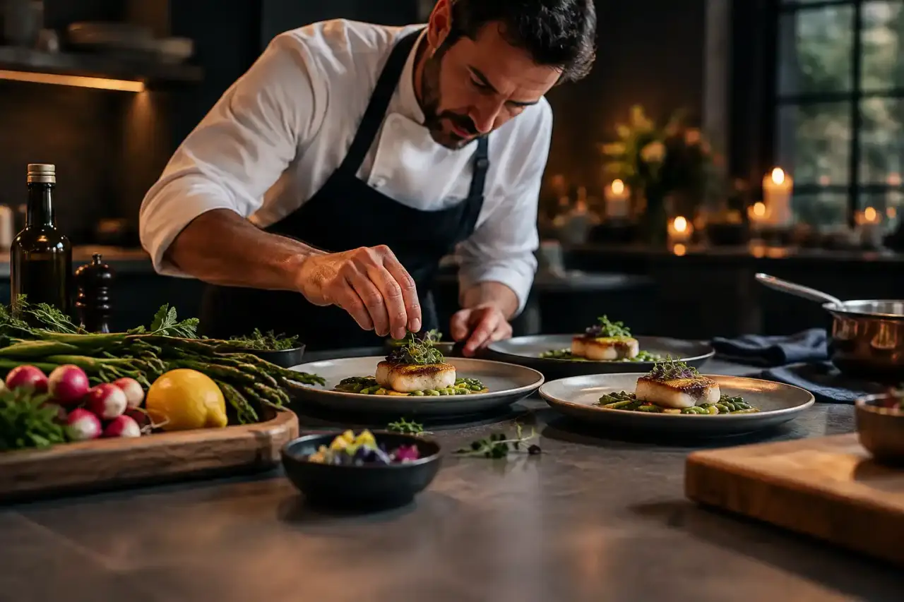 Assiette gastronomique dressée dans une ambiance chaleureuse et élégante