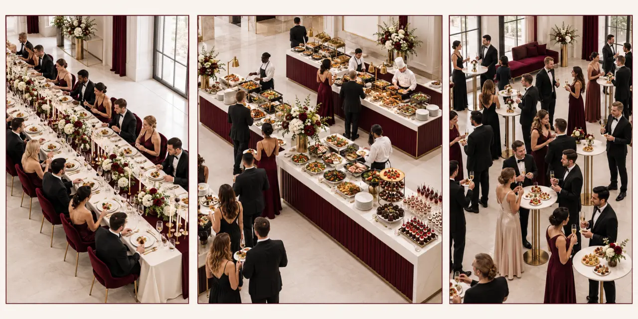 Différents formats de service pour un plat mariage : repas assis, buffet et cocktail dînatoire