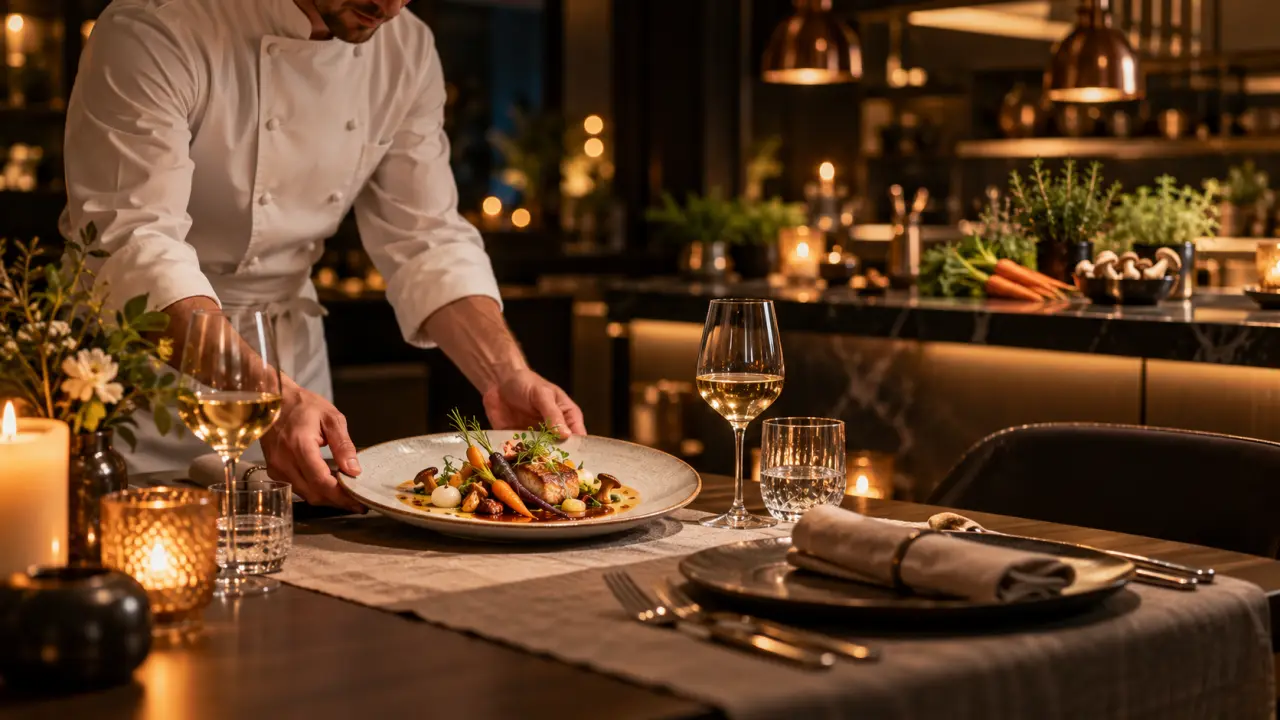 Assiette gastronomique dressée lors d’un dîner de chef à domicile