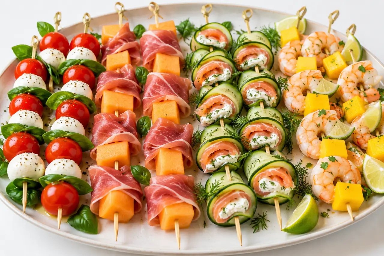 Brochette froide apéritif variée avec tomate mozzarella, melon jambon et crevette mangue