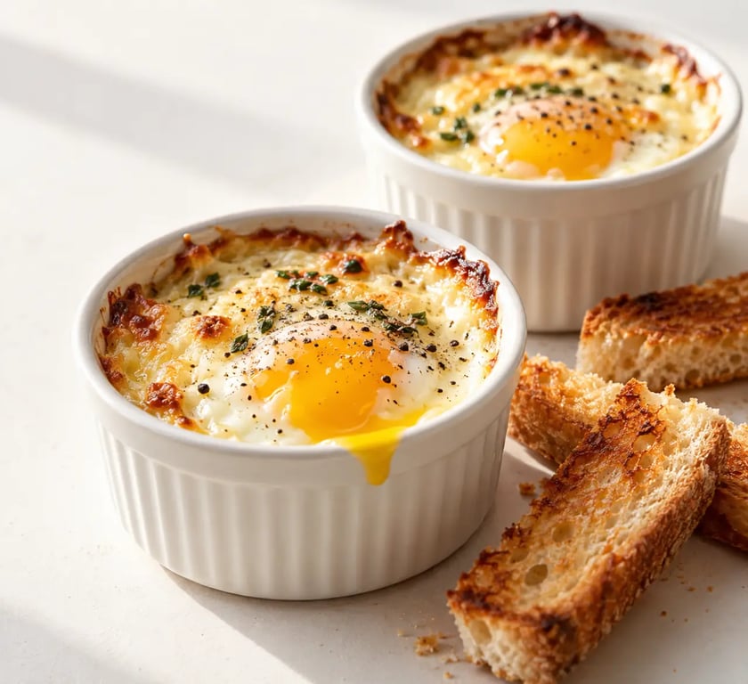 Recettes entrées chaudes faciles et rapides : œufs cocotte au fromage avec mouillettes