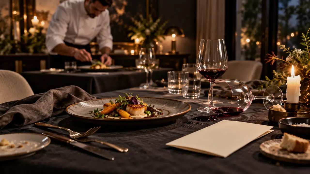 Assiette gastronomique dressée avec élégance pour un dîner de chef à domicile