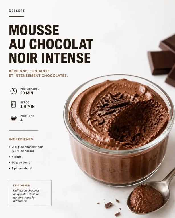 Mousse au chocolat noir légère, un dessert sans sucre ajouté gourmand et sain.