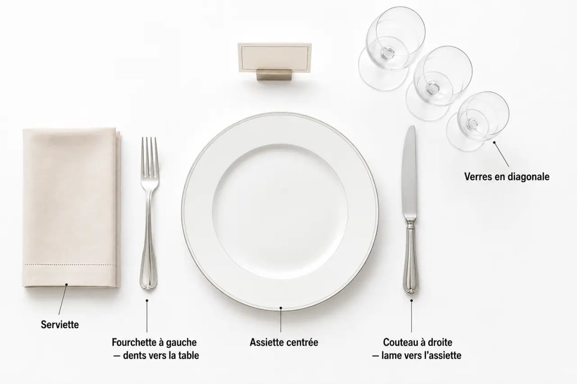 Dressage table à la française vu de dessus avec assiette, couverts, verres et serviette bien placés