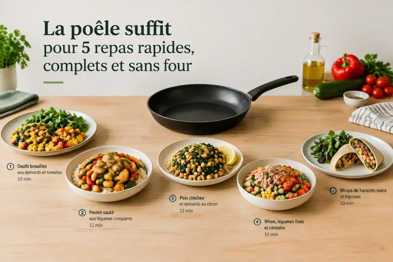 La poêle suffit pour 5 repas rapides, complets et sans four