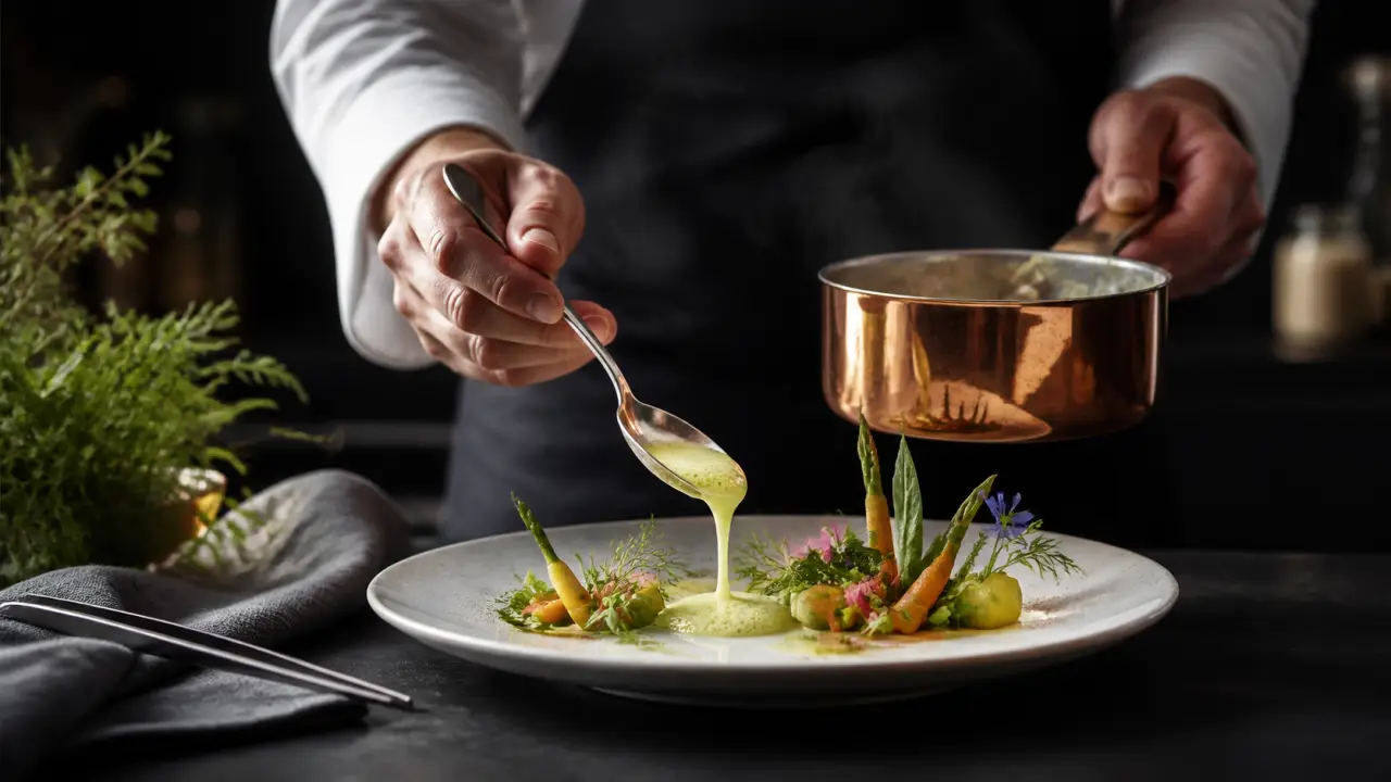 Assiette gastronomique en clair-obscur avec émulsion brillante, herbes fraîches et dressage élégant