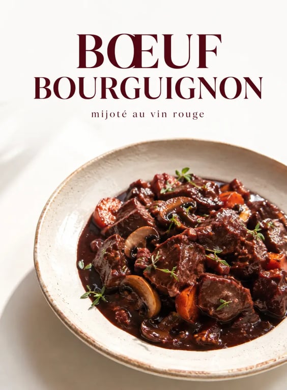 Recette avec vin rouge : bœuf bourguignon mijoté servi dans une assiette rustique