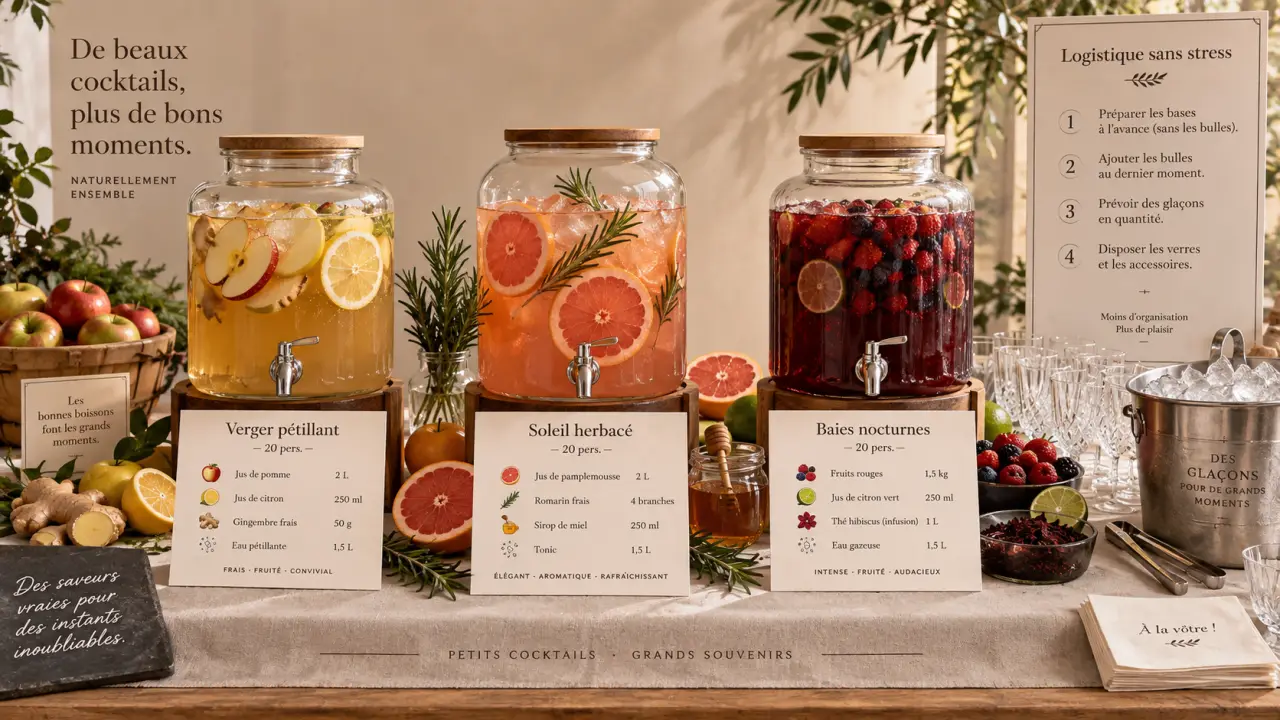 Cocktail pour 20 personnes : 3 recettes originales, dosages précis et logistique sans stress
