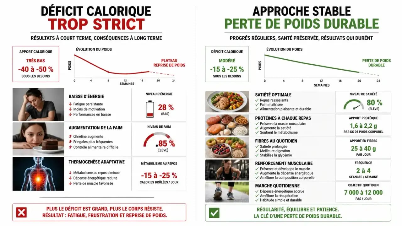 Schéma du régime perte de poids durable avec déficit calorique, satiété et activité physique