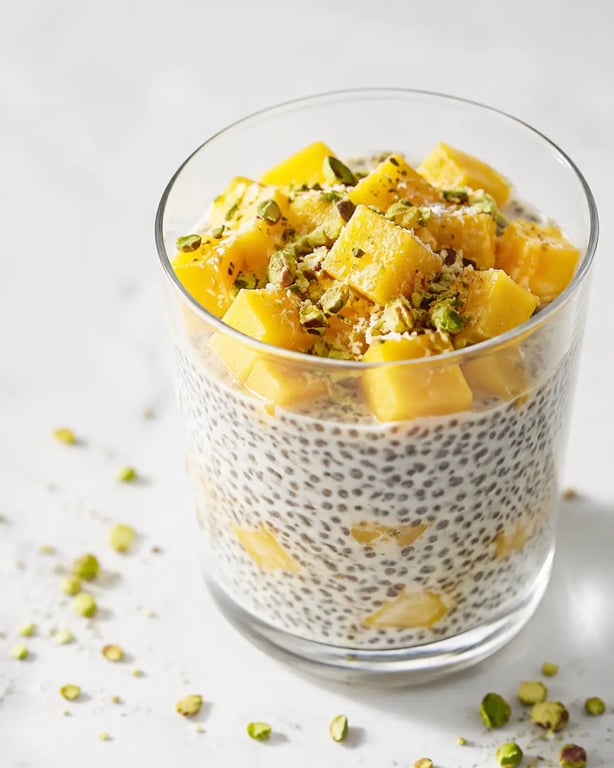 Dessert végétarien : chia pudding mangue-coco aux pistaches