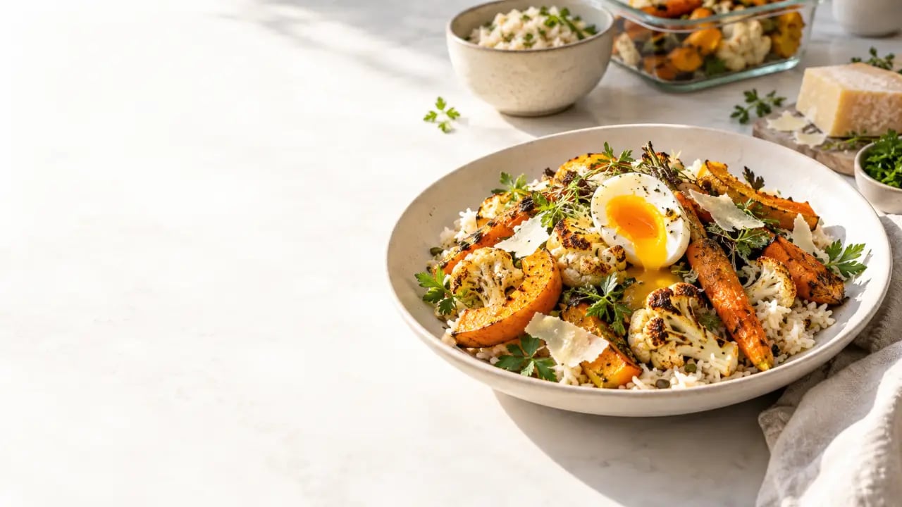 Reste frigo recette : assiette anti-gaspi composée de légumes, riz, œuf et fromage