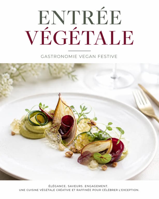 Entrée vegan gastronomique raffinée servie dans une assiette élégante avec dressage soigné