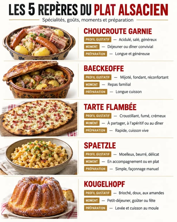 Infographie des principaux plats alsaciens : choucroute garnie, baeckeoffe, tarte flambée, spaetzle et kougelhopf