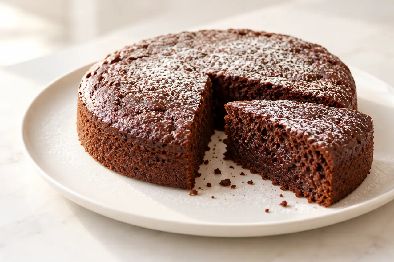 Gâteau sans œuf et sans lait au chocolat, moelleux, présenté avec une part découpée
