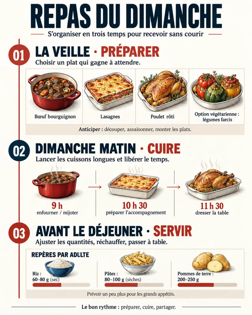 Infographie pour organiser un repas dominicale selon le temps disponible et le nombre de convives