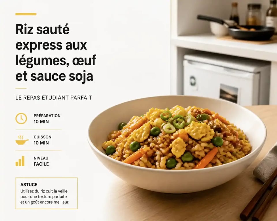 Recettes étudiantes faciles : riz sauté aux légumes et à l'œuf préparé à la poêle
