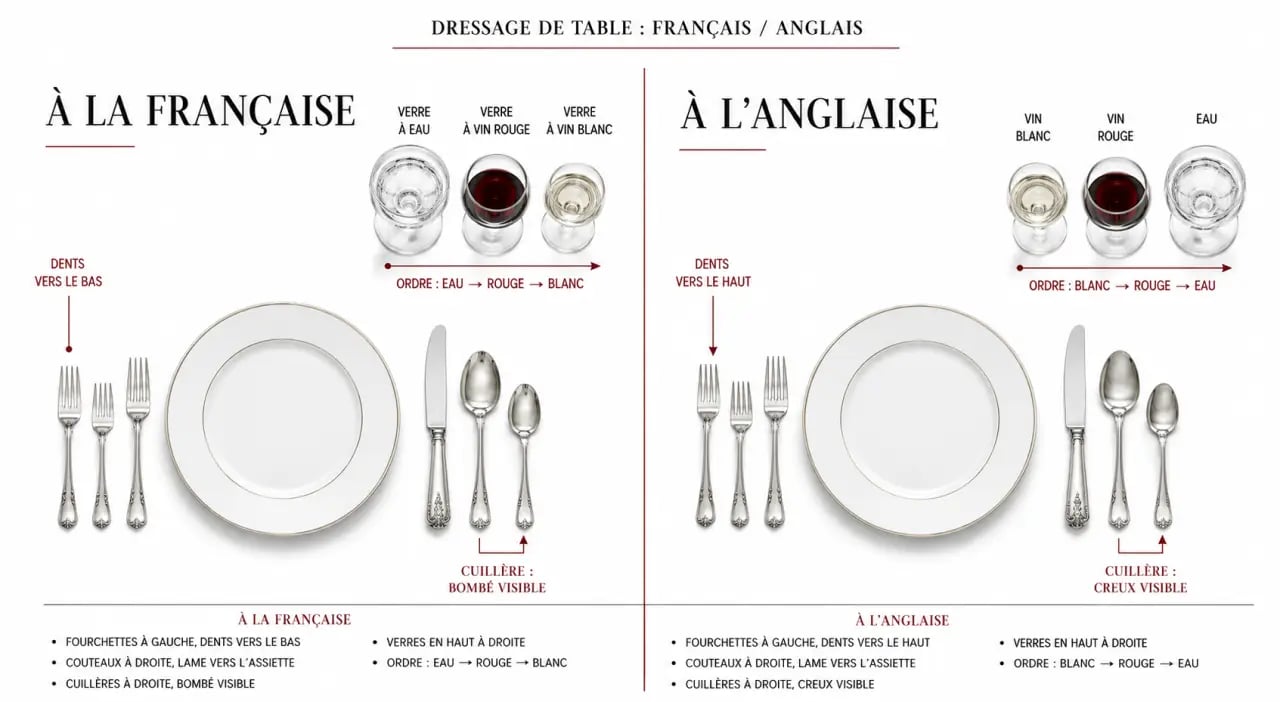Dressage table à la française comparé à l’anglaise avec différences de placement des couverts