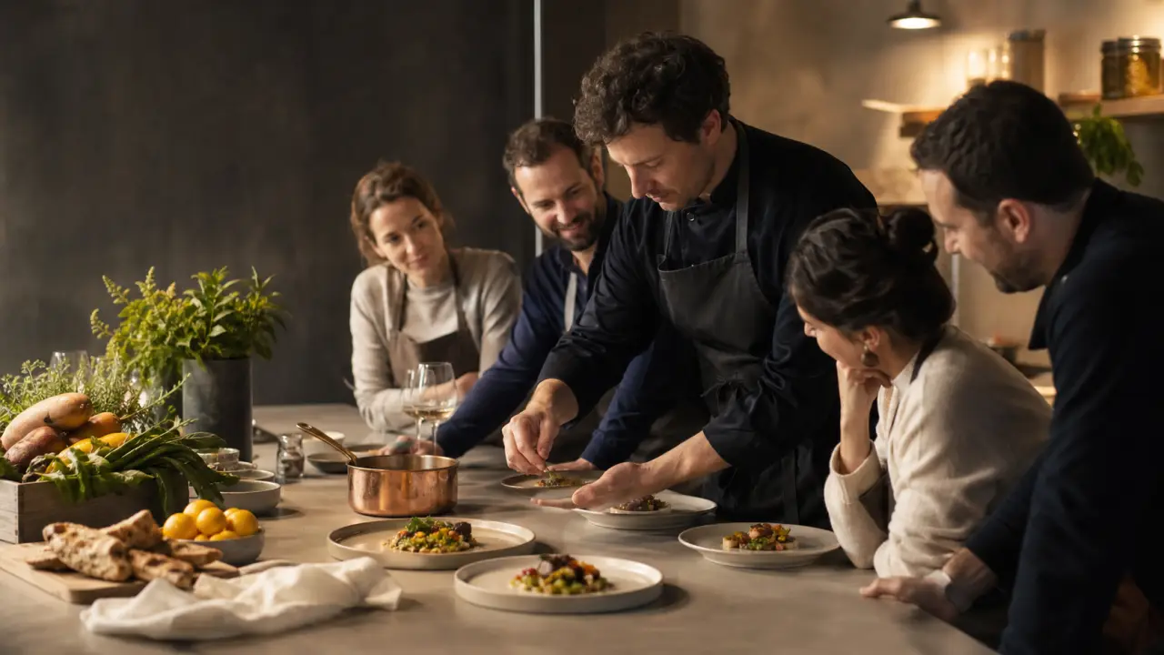 Assiette gastronomique en clair-obscur, herbes fraîches et sauce brillante