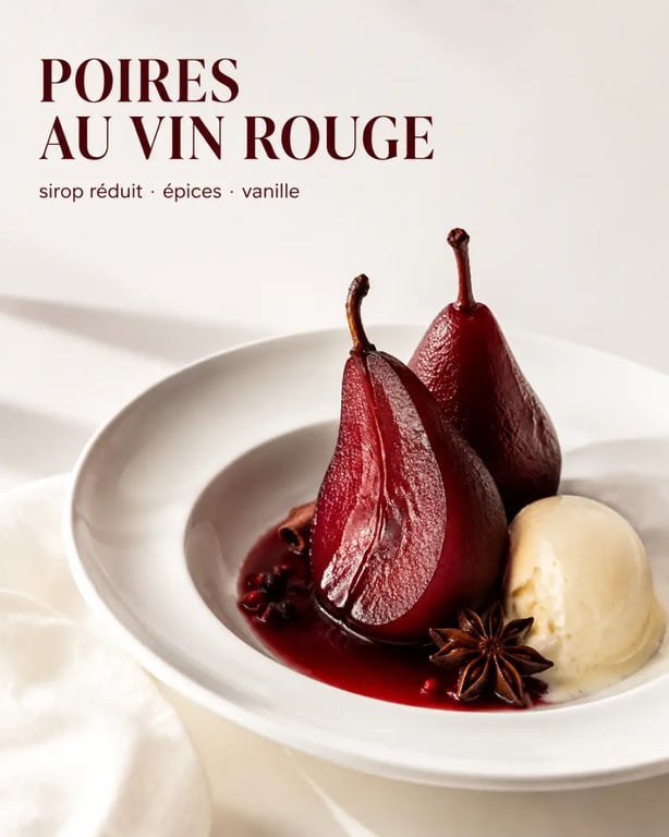 Recette avec vin rouge : poires pochées au vin rouge nappées de sirop