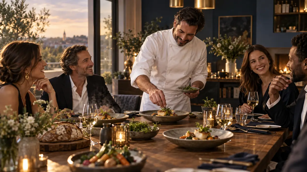 Assiette gastronomique dressée dans une ambiance chaleureuse et tamisée