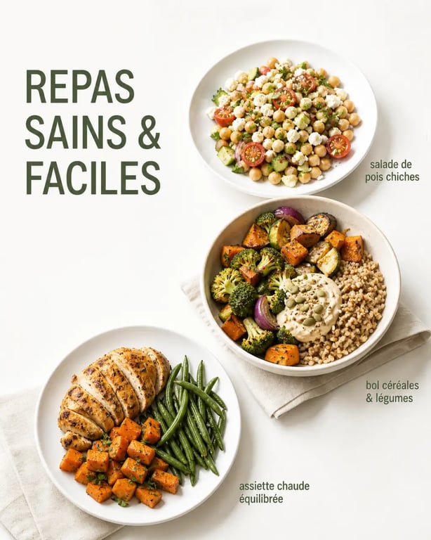 Recettes saines faciles : repas équilibré et appétissant avec salade de pois chiches, bol de céréales et légumes