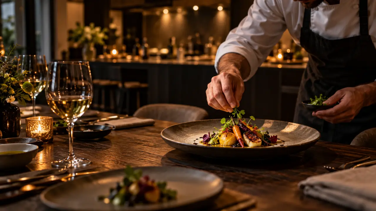 Assiette gastronomique servie lors d'un dîner de chef à domicile