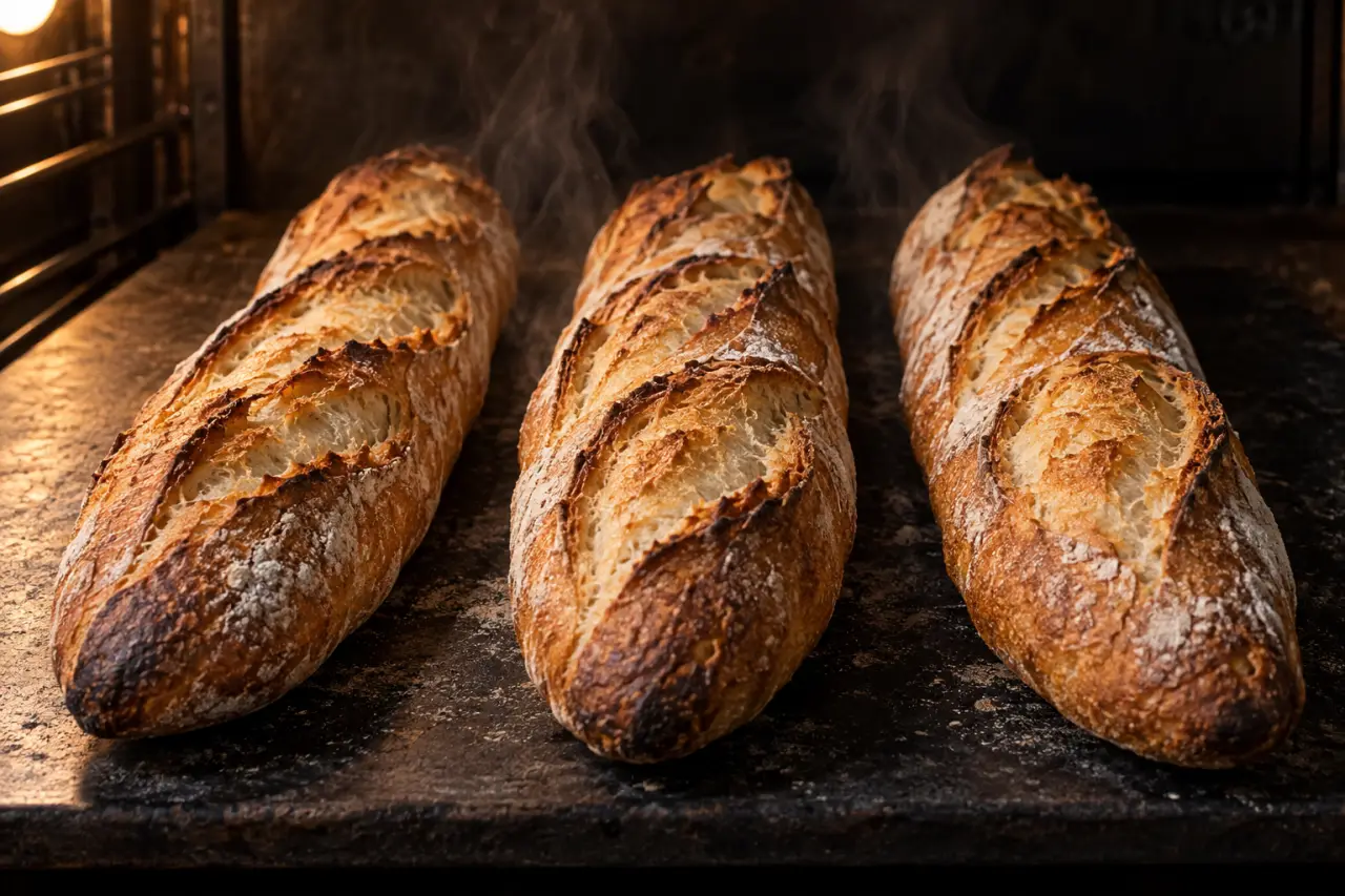Trois baguettes maison à la croûte craquante : 250 °C, vapeur et grignes nettes