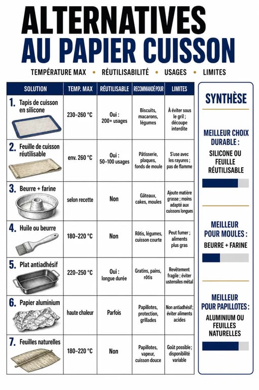 Infographie alternative papier cuisson comparant les solutions réutilisables et de dépannage en cuisine
