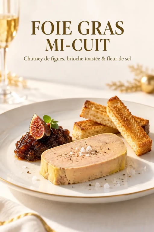 Recette avec foie gras en entrée, chutney de figues et pain brioché