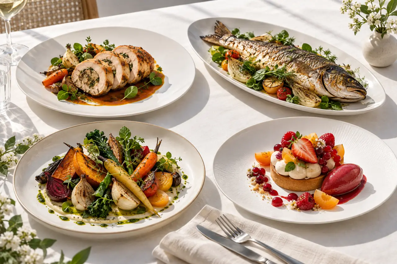 Idées de plat mariage avec volaille, poisson et option végétale sur une table élégante