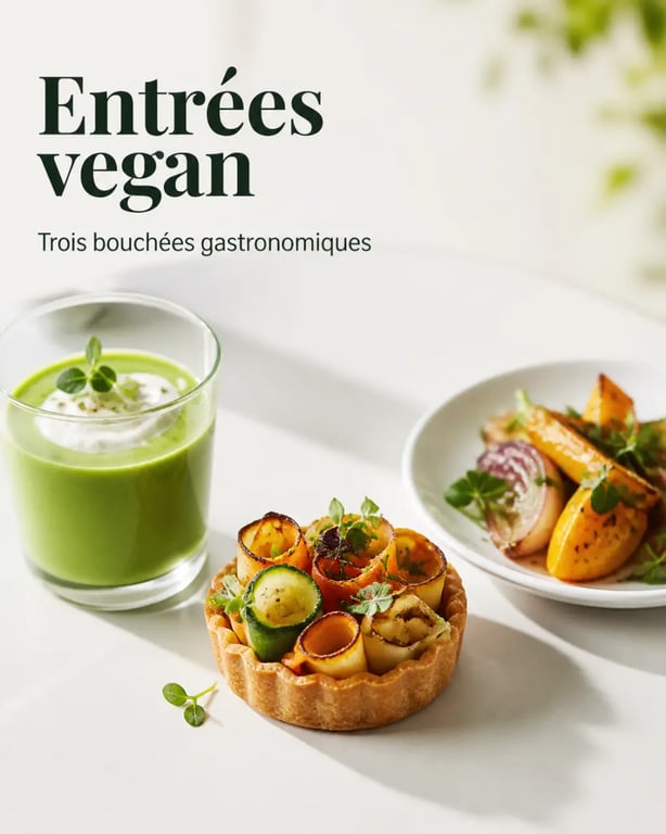 Entrée vegan gastronomique avec plusieurs propositions raffinées pour un repas élégant