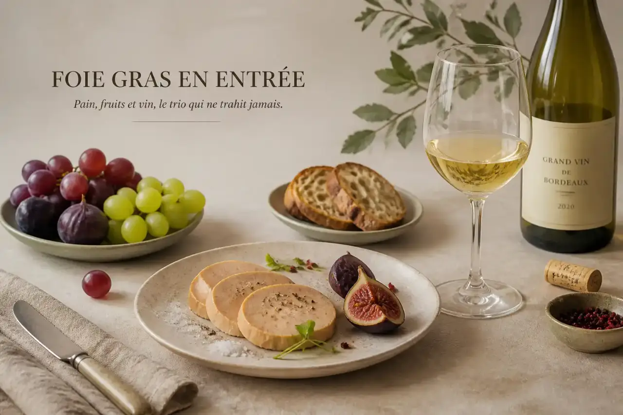 Foie gras en entrée : pain, fruits et vin, le trio qui ne trahit jamais