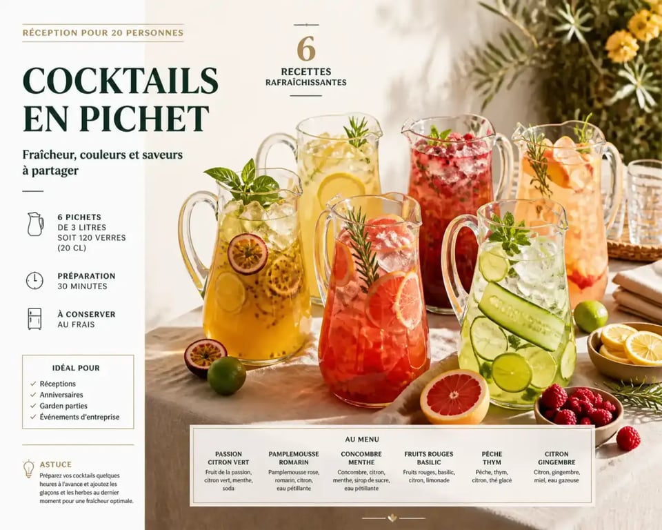 Cocktail pour 20 personnes original dans des pichets élégants sur une table de réception