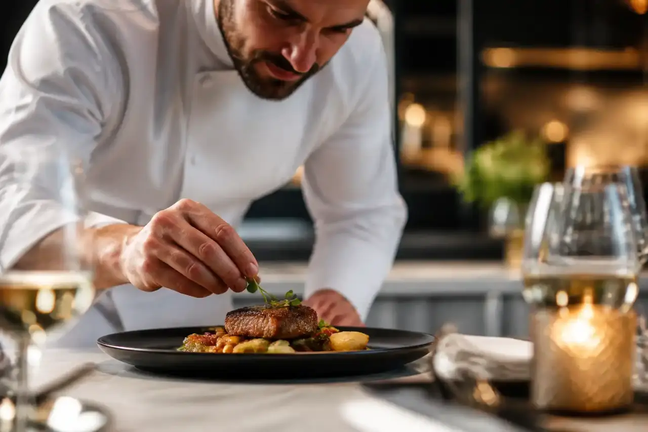 Assiette gastronomique dressée avec précision pour un dîner de chef à domicile
