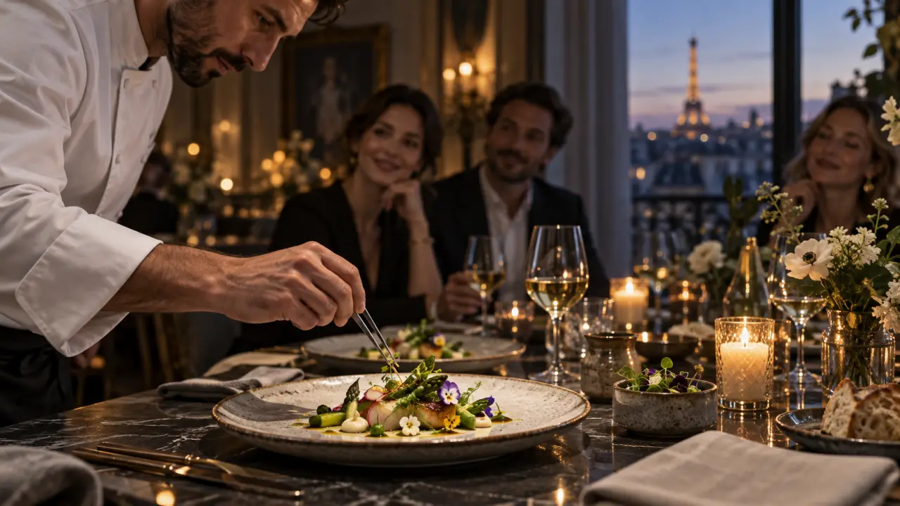 Assiette gastronomique dressée dans une ambiance chaleureuse et élégante