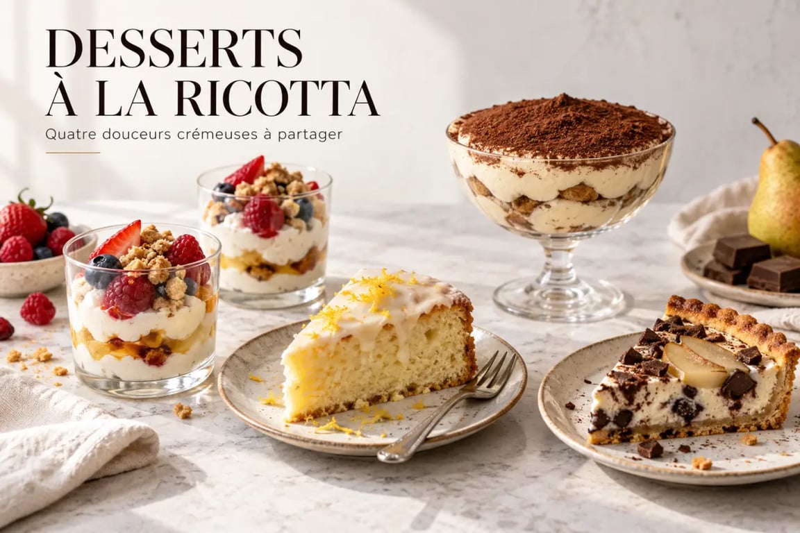 Recette ricotta dessert : sélection de verrines, gâteau au citron, tiramisu et tarte rustique