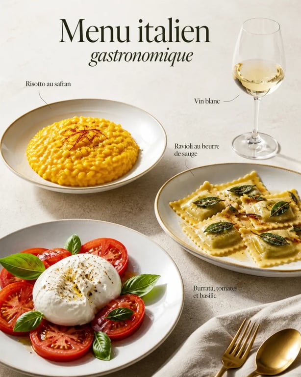 Recettes italiennes gastronomiques sur une table élégante avec risotto, ravioli et burrata